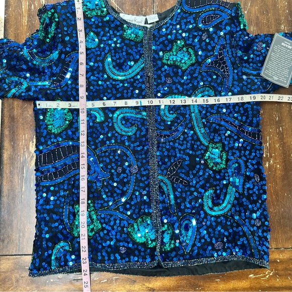 Vintage Laurence Kazar full Sequin and Beaded Blue and Green Silk Blazer Jacket - Picture 14 of 17